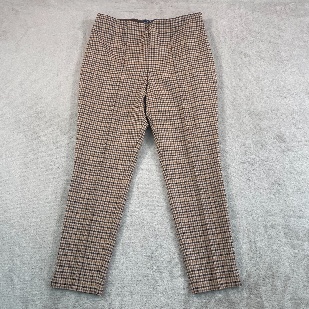 Polo Ralph Lauren Taper Pull On Pants Women 14 Brown Plaid Wool Zip NWOT $398